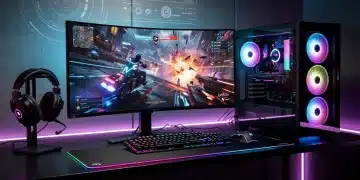 Futuristic gaming setup with ultra-wide monitor, vibrant game, and dynamic lighting for 2026.