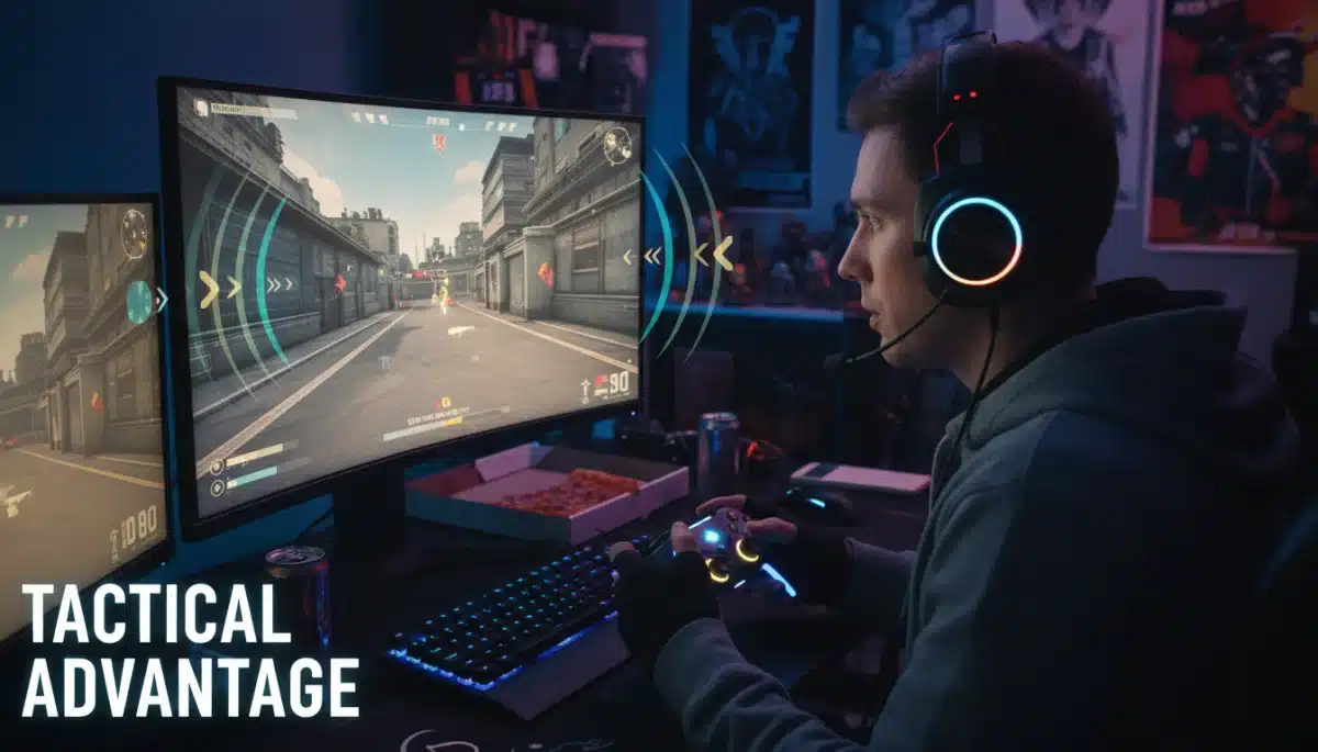 Gamer focused on competitive play with a high-performance gaming headset, utilizing directional audio.