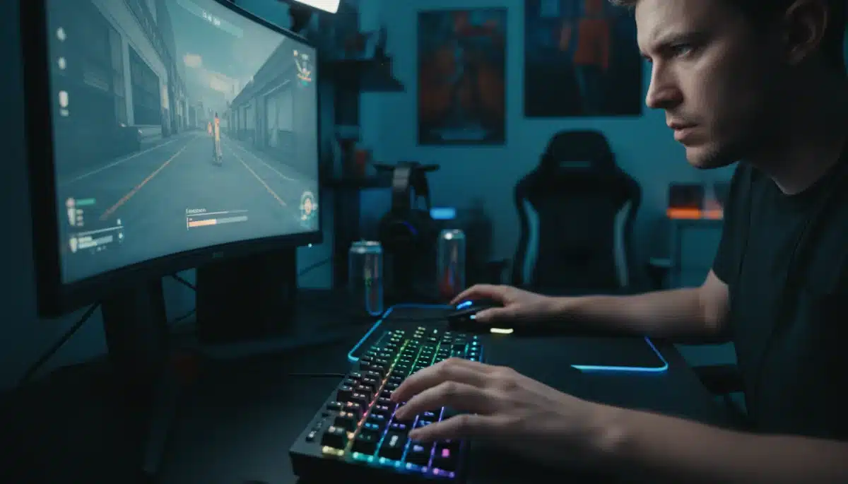 Gamer using a mechanical keyboard in a competitive setting, emphasizing speed and precision.