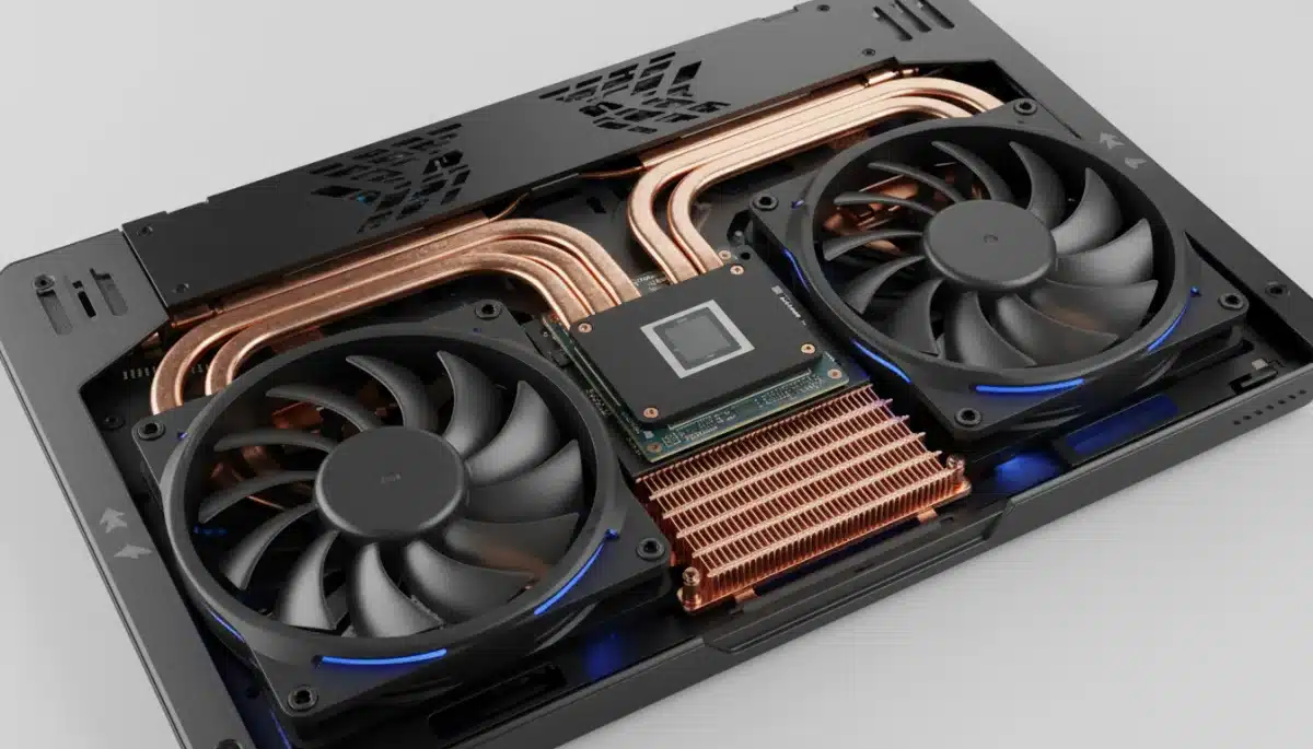 Gaming laptop cooling system with heat pipes and fans