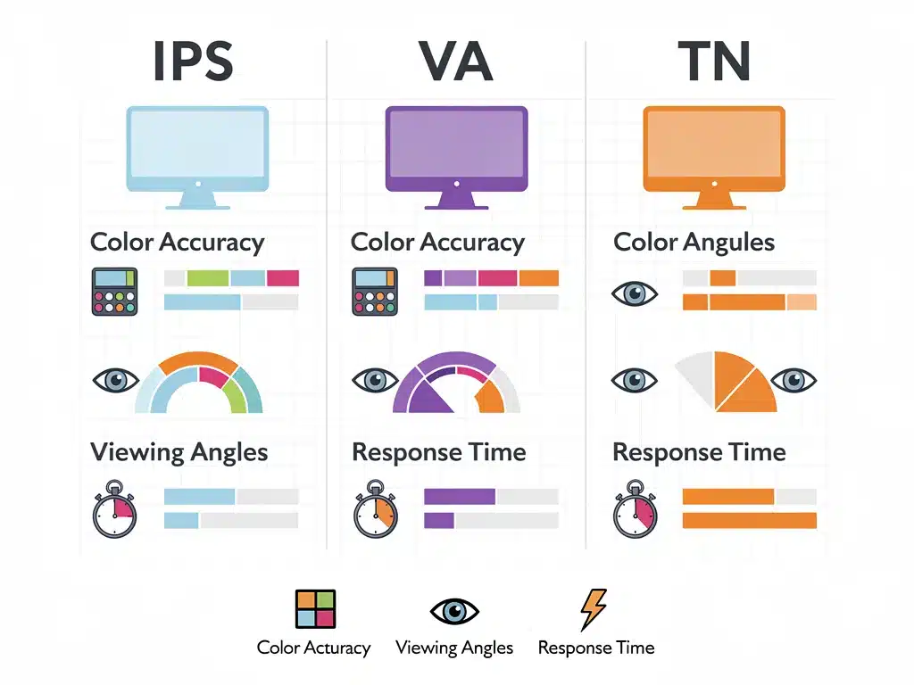 Infographic comparing IPS, VA, and TN gaming monitor panel types.