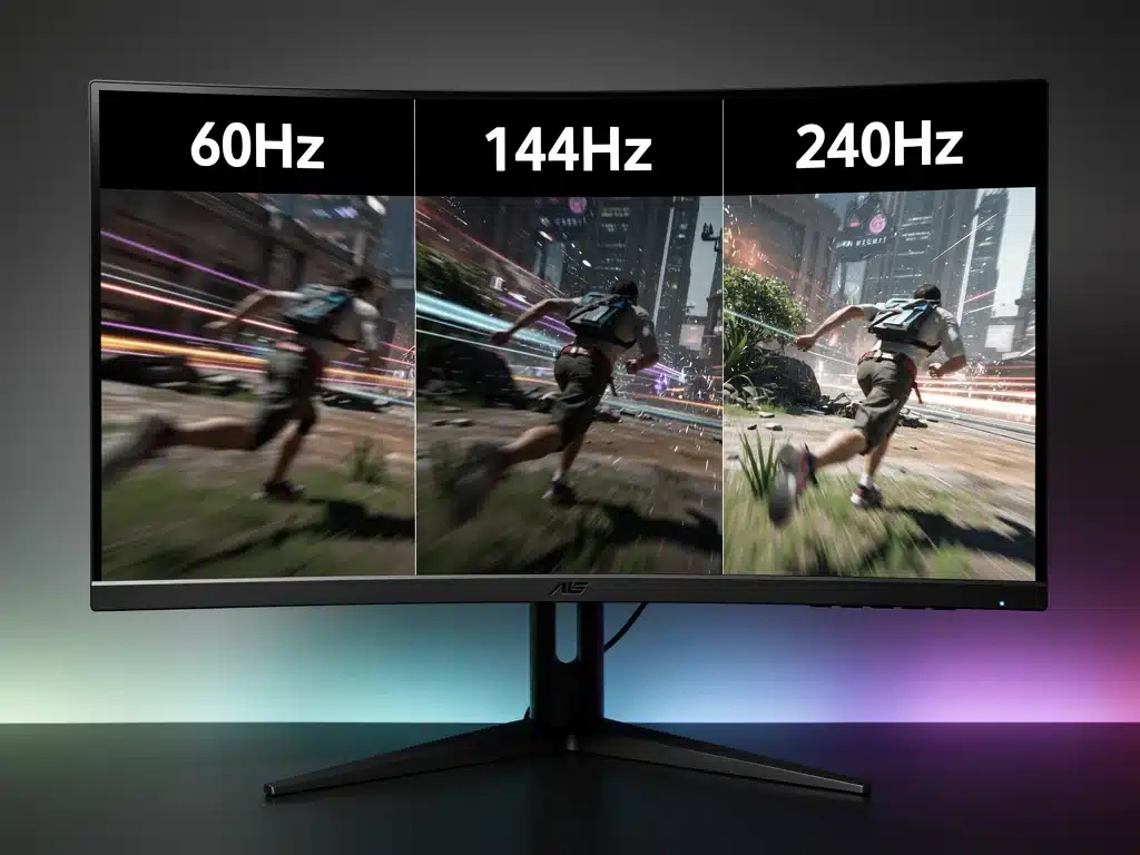 Visual comparison of refresh rates on a gaming monitor, showing smoothness.