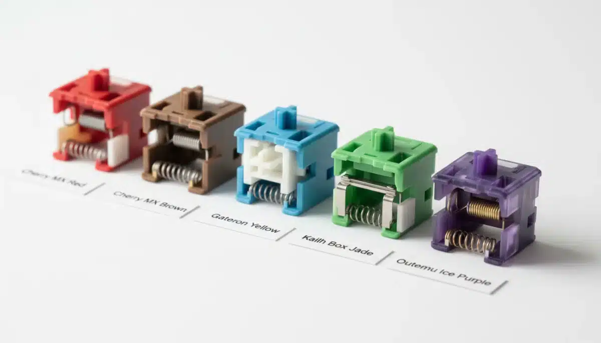 Close-up comparison of various mechanical keyboard switch types, illustrating their distinct colors and mechanisms.