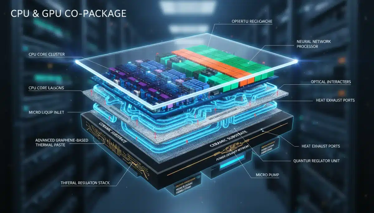 Diagram of advanced micro-liquid cooling in CPU and GPU