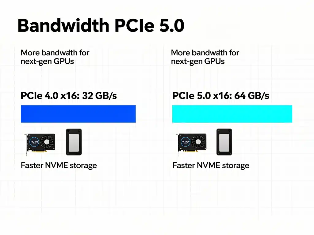 Infographic comparing PCIe 4.0 and PCIe 5.0 bandwidth for gaming performance.