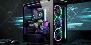 Futuristic gaming PC setup with visible PCIe 5.0 slots and high-performance graphics card.