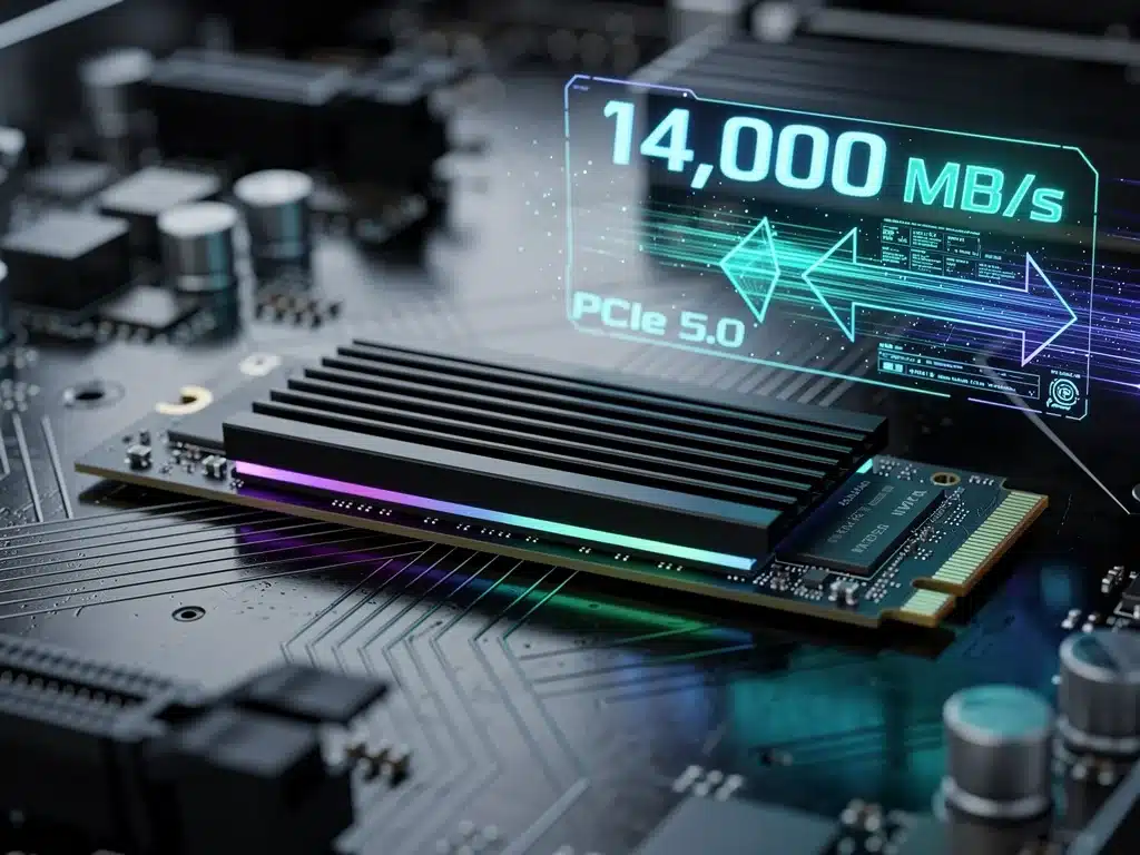 Close-up of a high-speed PCIe 5.0 NVMe SSD with advanced cooling fins.