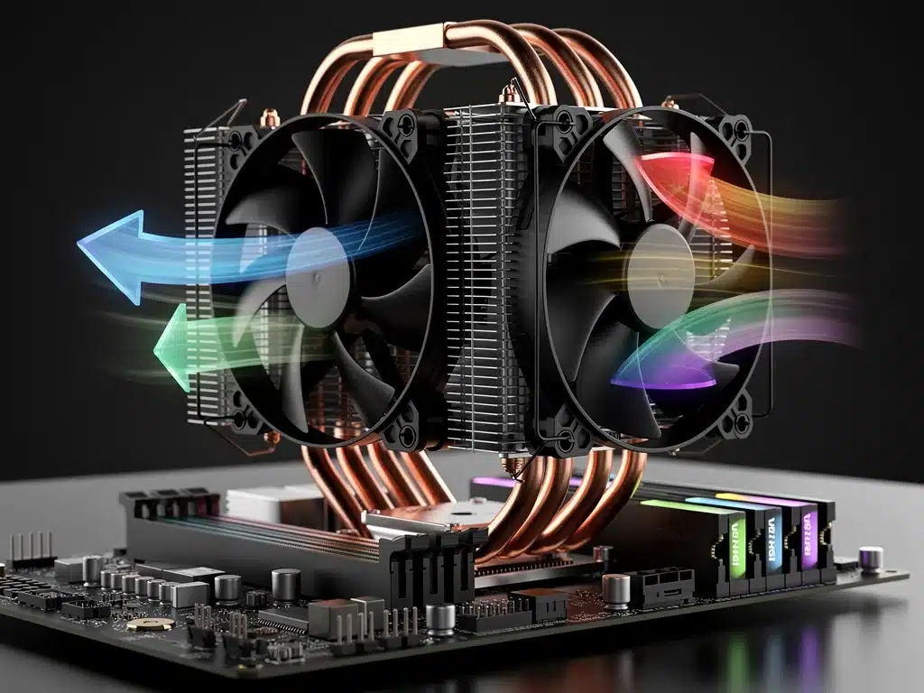 Powerful air cooler with dual fans on a gaming CPU