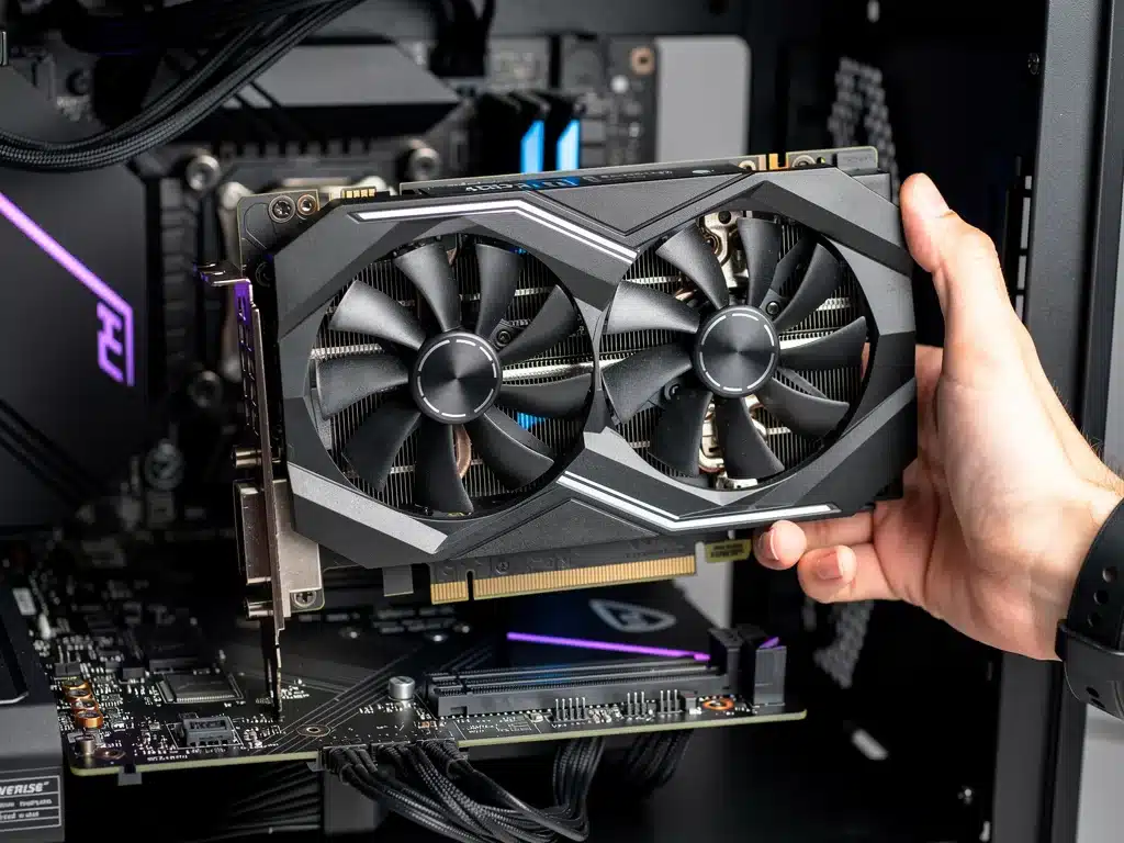 Installing a high-performance graphics card for improved gaming PC performance.