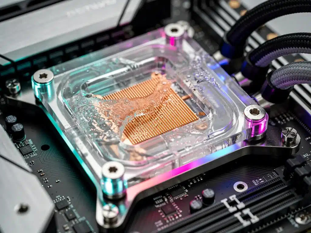 Close-up of a high-performance liquid cooling CPU block