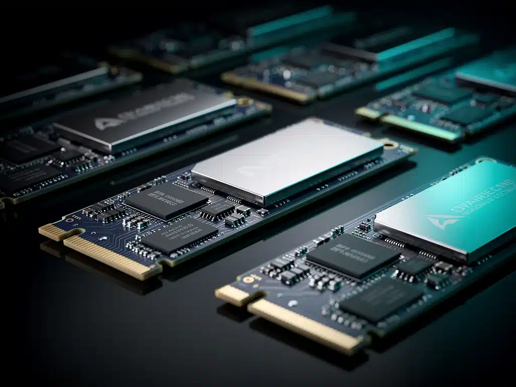 Close-up of multiple M.2 NVMe SSDs with heat sinks