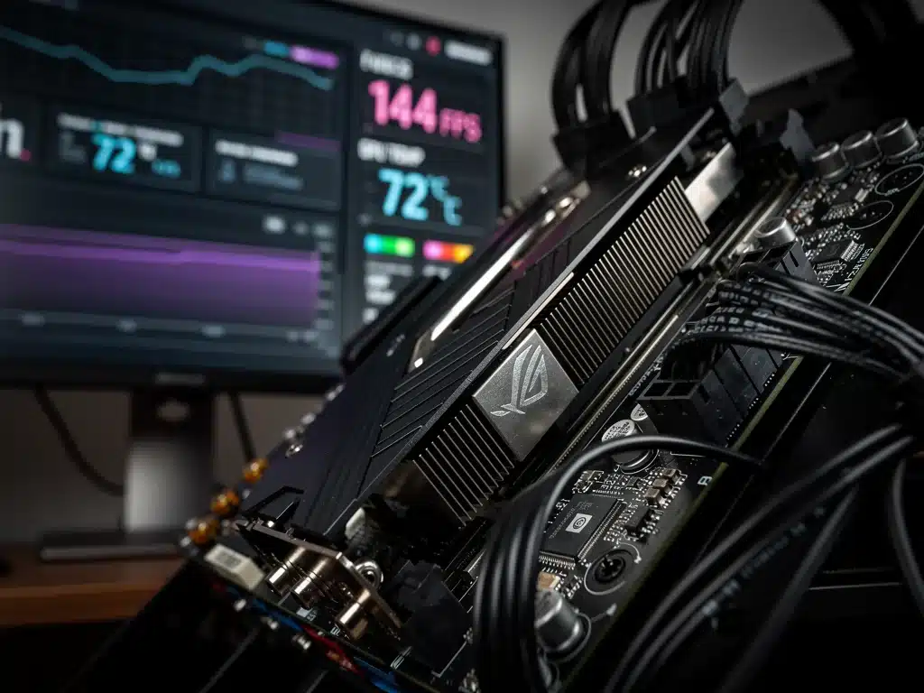 High-performance PC hardware displaying gaming performance metrics and system temperatures.