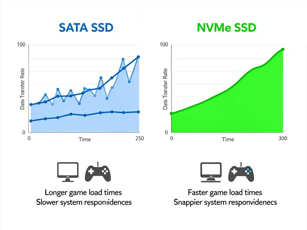 Infographic comparing SATA SSD and NVMe performance metrics in gaming