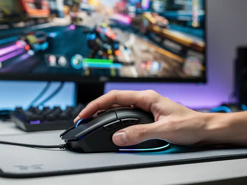Gamer's hand on an ergonomic PC gaming mouse, highlighting comfort and precise control during gameplay.