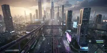 Futuristic city-building simulation game with detailed graphics and advanced infrastructure