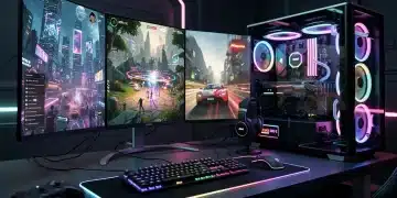 Futuristic gaming PC setup with high-performance software interfaces