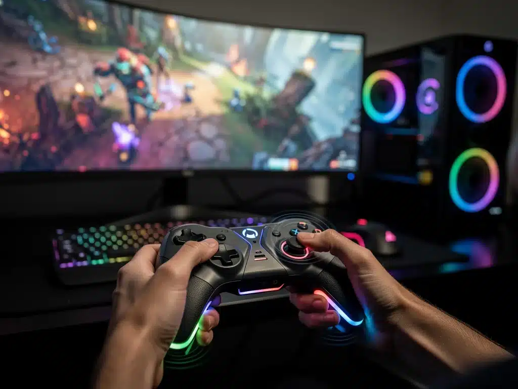 Gamer experiencing immersive haptic feedback with advanced PC gaming controller