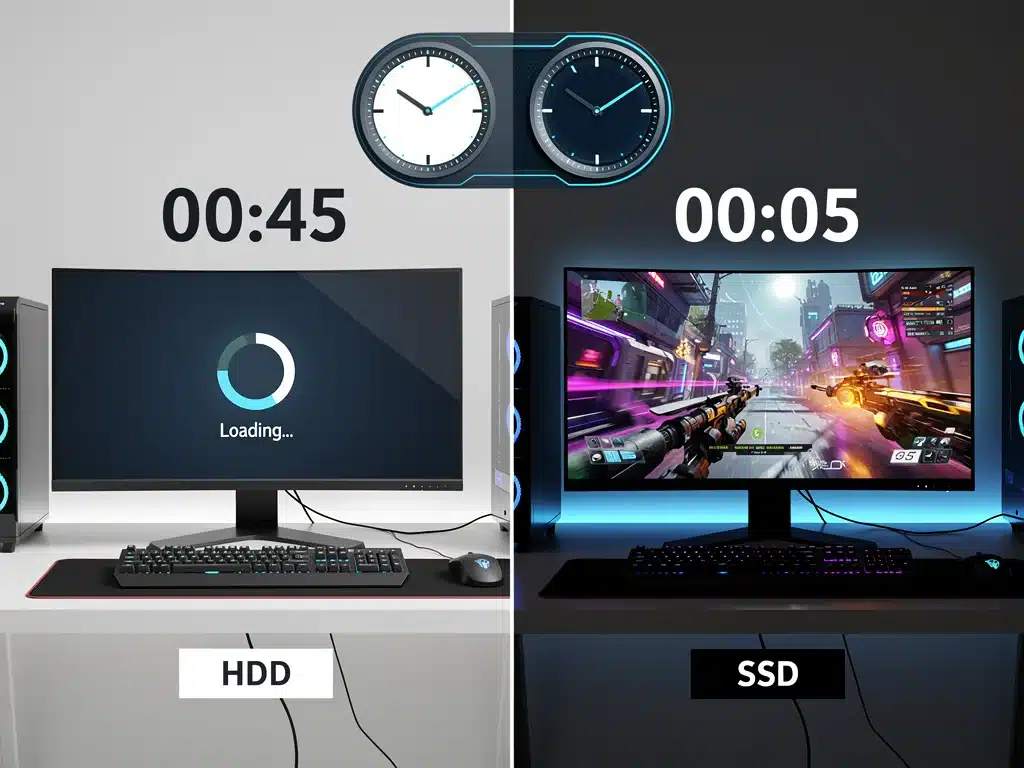 Split-screen comparison of game loading times between HDD and SSD