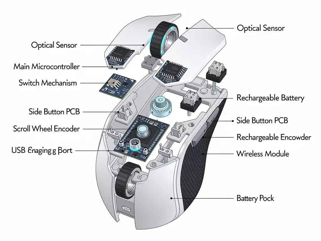 Exploded view of a high-performance PC gaming mouse, detailing its advanced internal components for speed and accuracy.