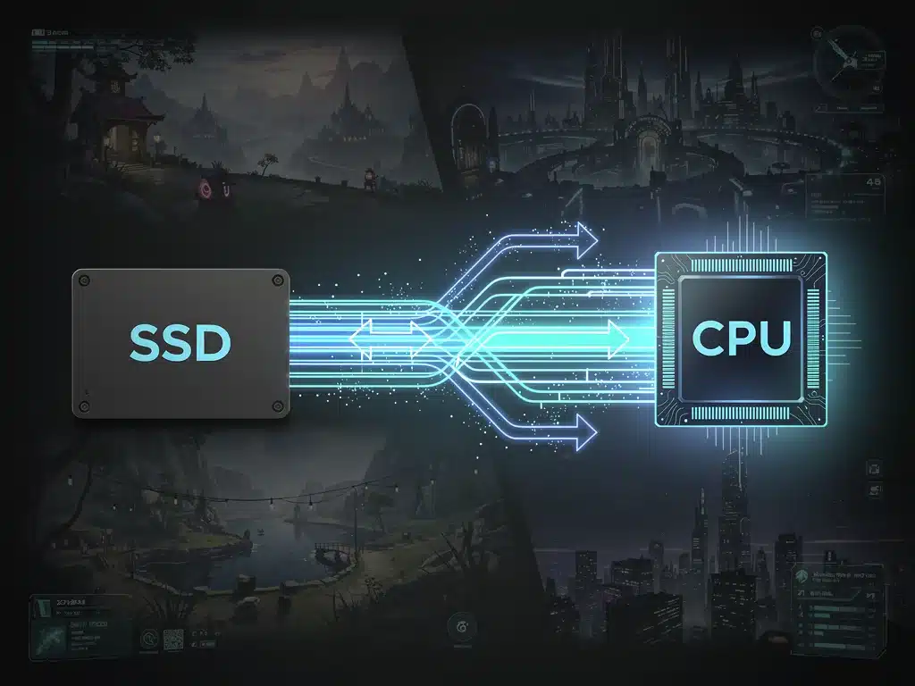 Infographic showing high-speed data transfer from SSD to CPU for gaming