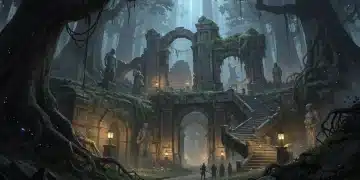 Fable 2026 reboot concept art of a dark, mysterious forest with ancient ruins.
