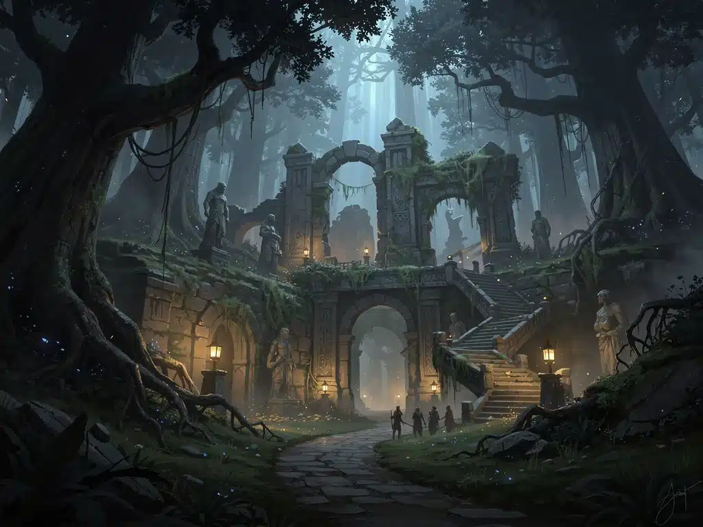 Fable 2026 reboot concept art of a dark, mysterious forest with ancient ruins.