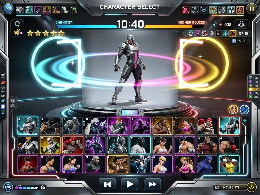 Diverse character selection screen in a top PC fighting game, featuring unique fighter designs.