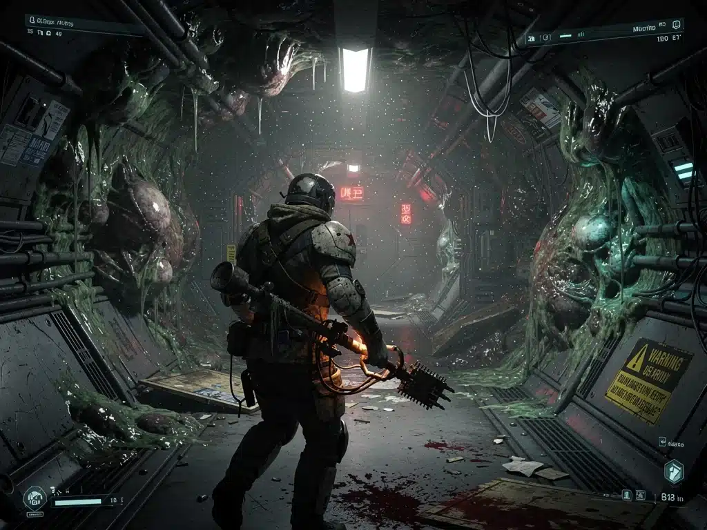 Screenshot of a player navigating a dark futuristic horror-game environment