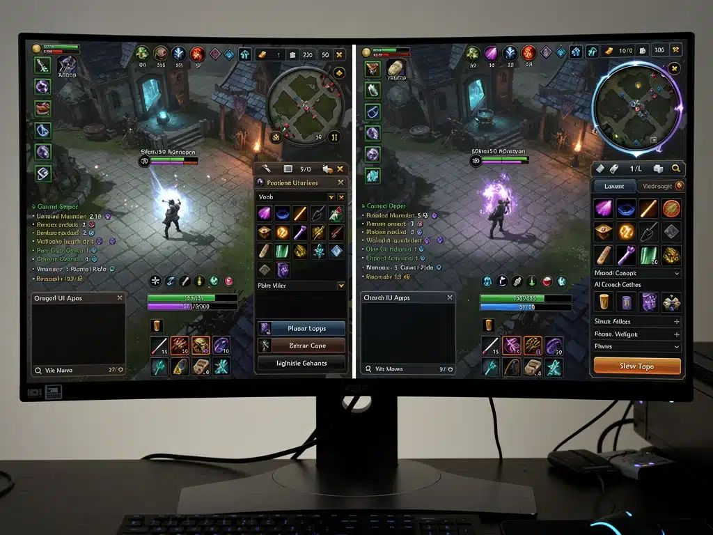 Split-screen comparison of vanilla game UI versus a comprehensive UI overhaul mod, highlighting improved design and functionality.