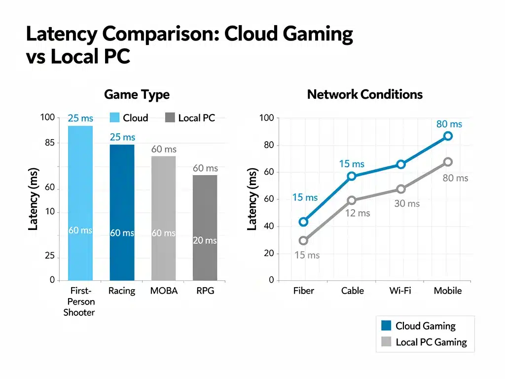 Infographic comparing latency in cloud gaming versus local PC gaming for various network speeds.