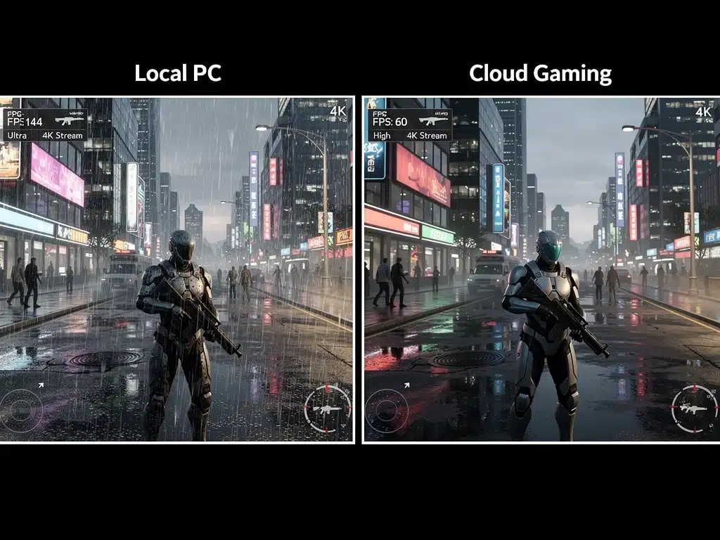 Side-by-side comparison of in-game graphics from a major title on local PC and cloud gaming platforms.