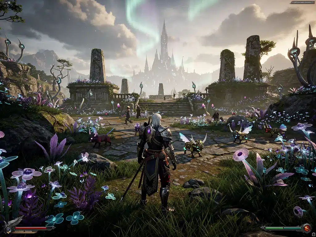Enhanced graphics and custom assets in a heavily modded open-world PC game, showcasing a detailed fantastical landscape.