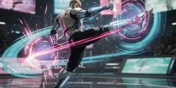 Dynamic combat in a futuristic PC fighting game, showcasing advanced graphics and character design.