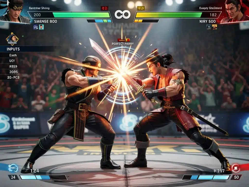 Intense parry moment in a competitive PC fighting game, demonstrating high-level strategic gameplay.