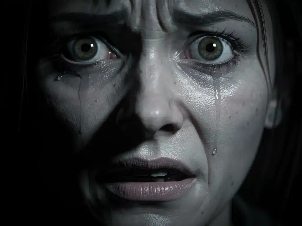 Character's terrified face reflecting an unseen horror in a psychological PC horror game