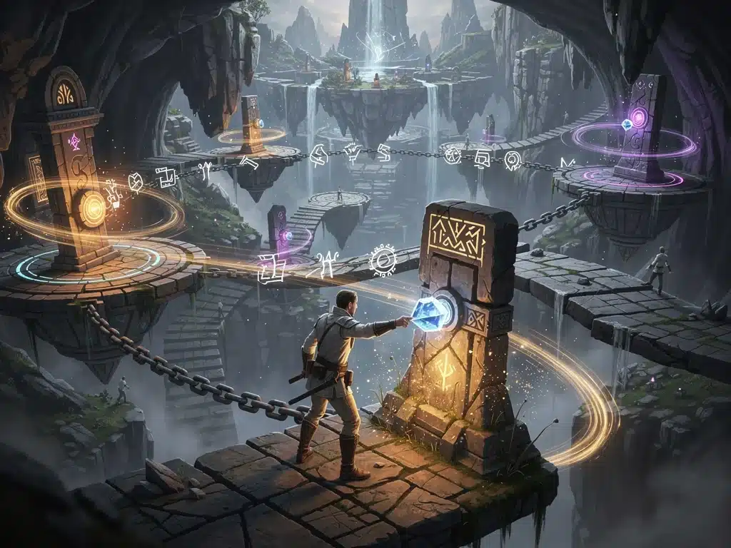 Game character solving environmental puzzle with dynamic, reactive world elements