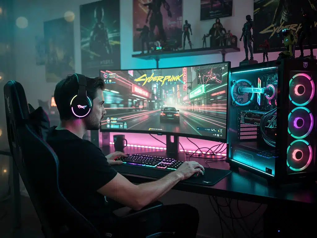 Gamer playing Cyberpunk 2077 smoothly on a high-end PC, experiencing improved performance from the January 2026 patch.