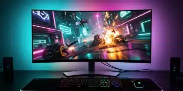 Futuristic gaming setup with a high-performance PC gaming monitor