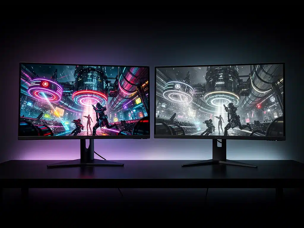 Side-by-side comparison of HDR vs. standard gaming monitor display