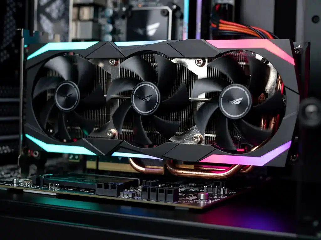 Close-up of a high-end graphics card, crucial for meeting 2026 PC hardware demands