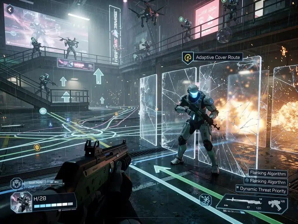 AI NPC demonstrating advanced tactical combat in Nexus Echoes