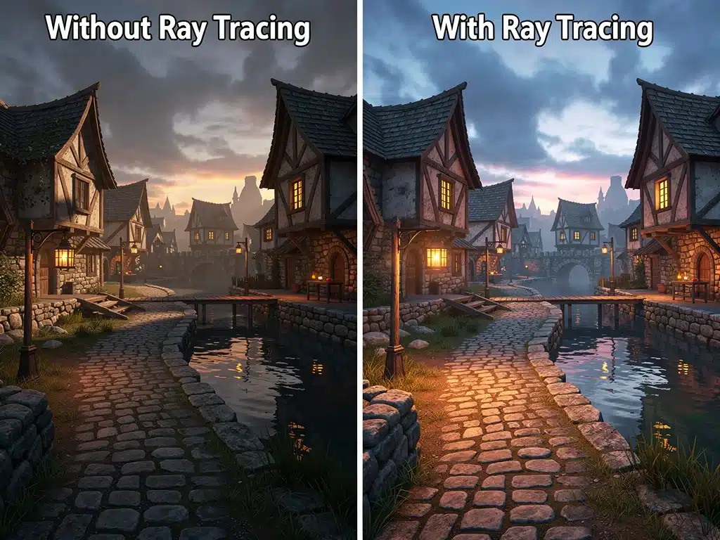 Side-by-side comparison of game graphics with and without ray tracing